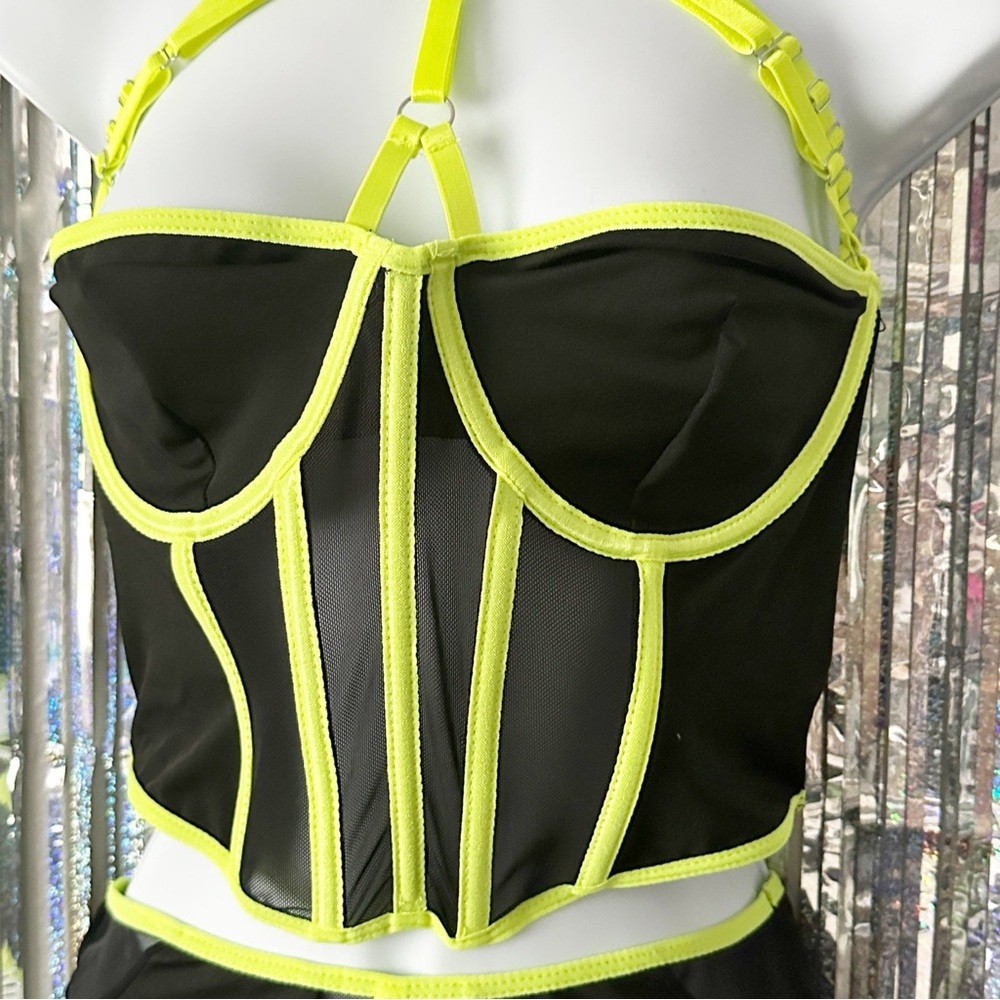 Neon Yellow & Sheer Black Strappy Choker Kinky Lingerie Set Women’s Size Medium - Picture 3 of 8